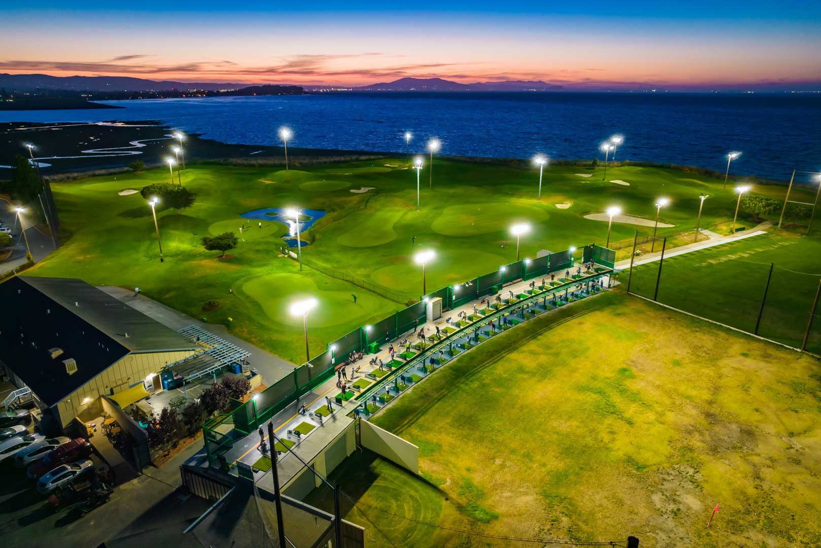 Night aerial of the lighted Mariner’s Point course and range