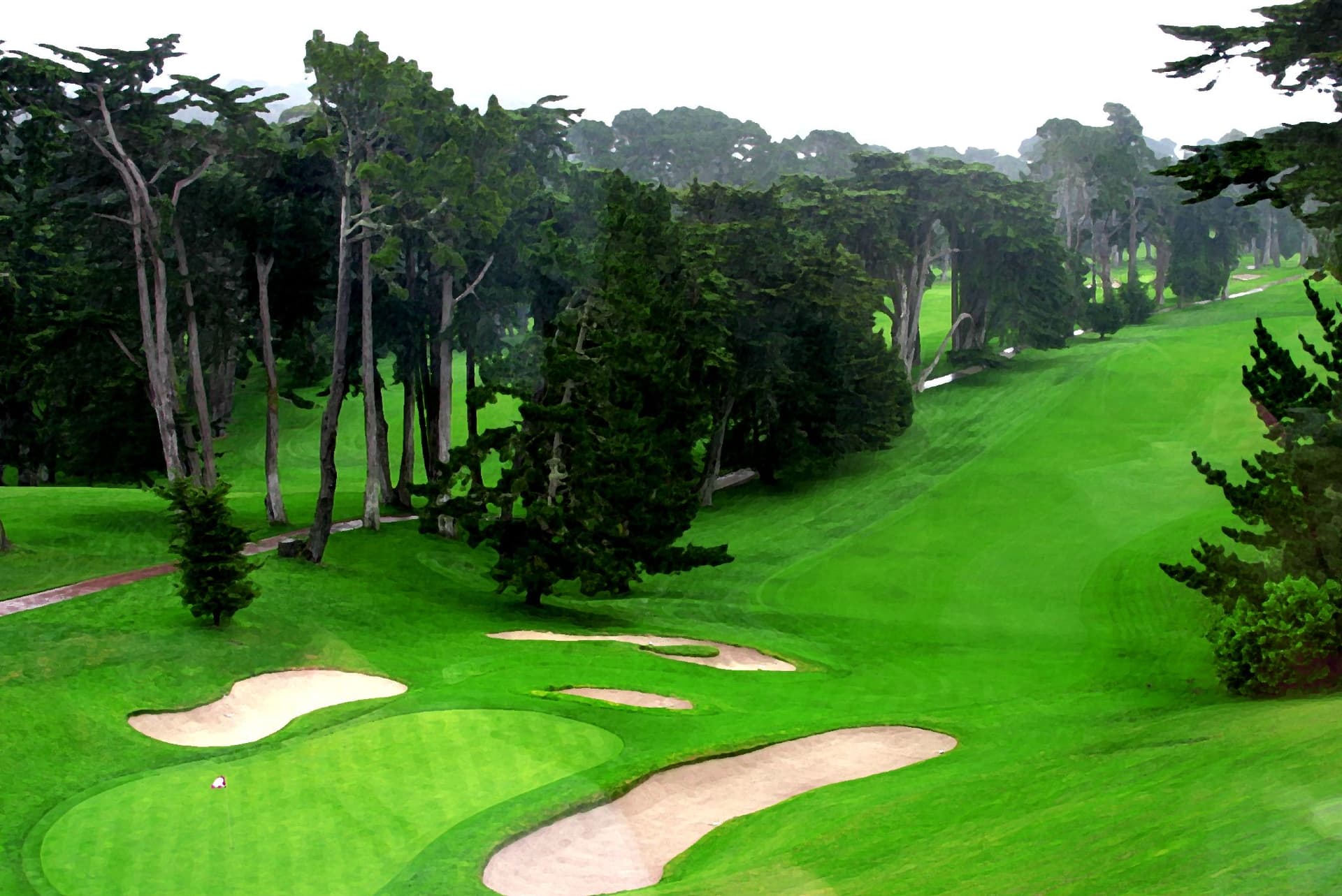 The 18th green of the Olympic Club's Lake Course beside the clubhouse in San Francisco, site of Jack Fleck's 1955 U.S. Open playoff win over Ben Hogan. Photo by Thomas Hawk, 2005, licensed CC BY 2.0, via Wikimedia Commons (File:Olympic_Club_18th_hole_lakeside.jpg).